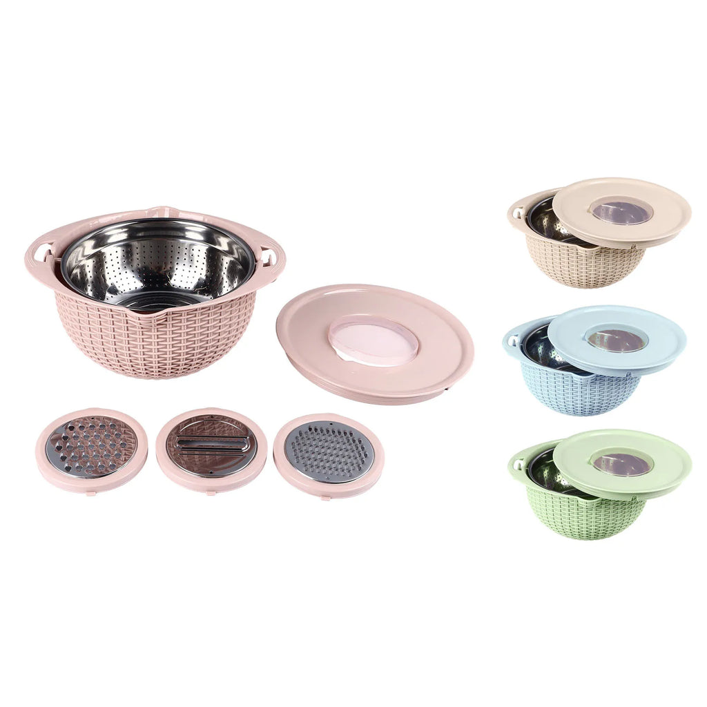4-in-1-Siebschüssel mit Schneidwerkzeugen, drehbares Sieb, 2-lagiger ergonomischer Griff, vielseitige Gemüsewaschschüssel