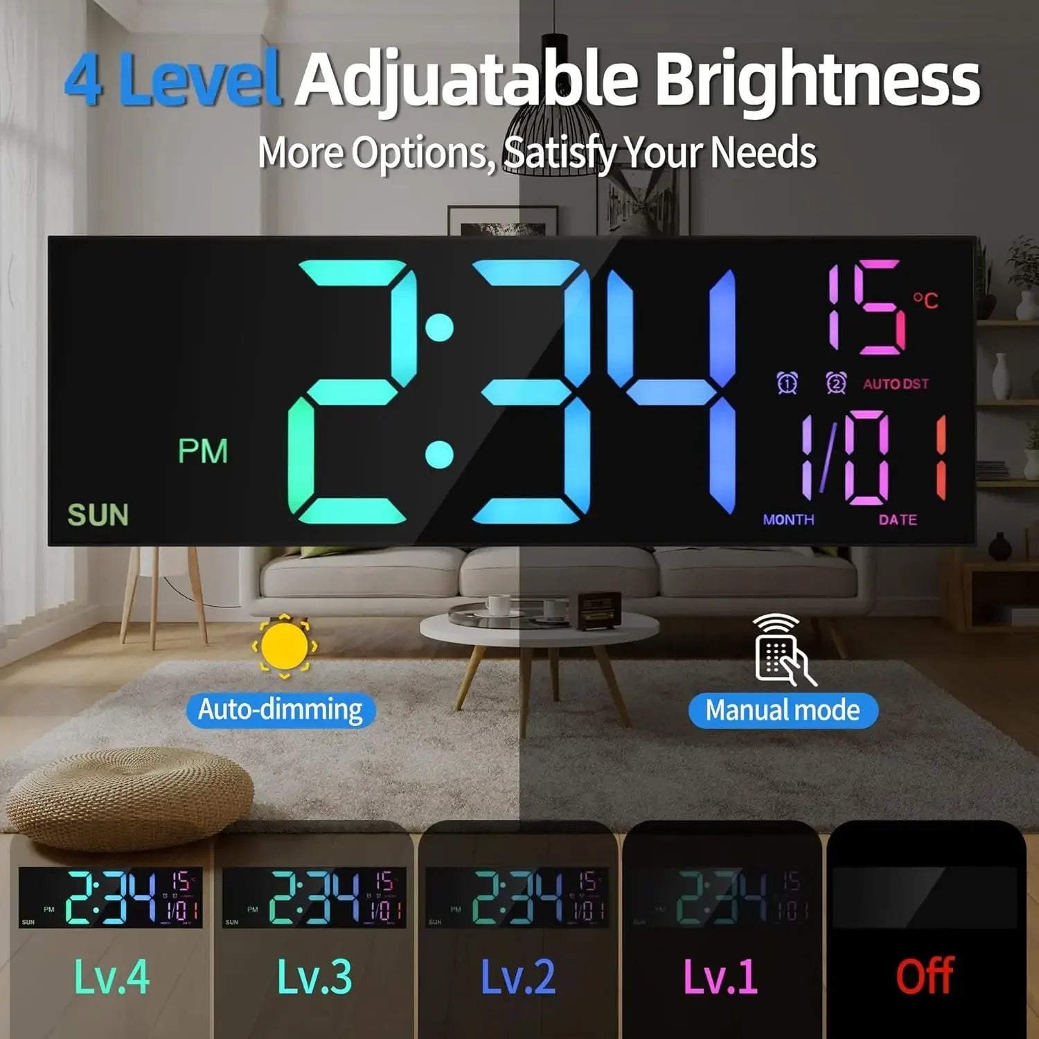 Große digitale Wanduhr mit Fernbedienung, Doppelalarm, großem LED-Display, 8 RGB-Farben