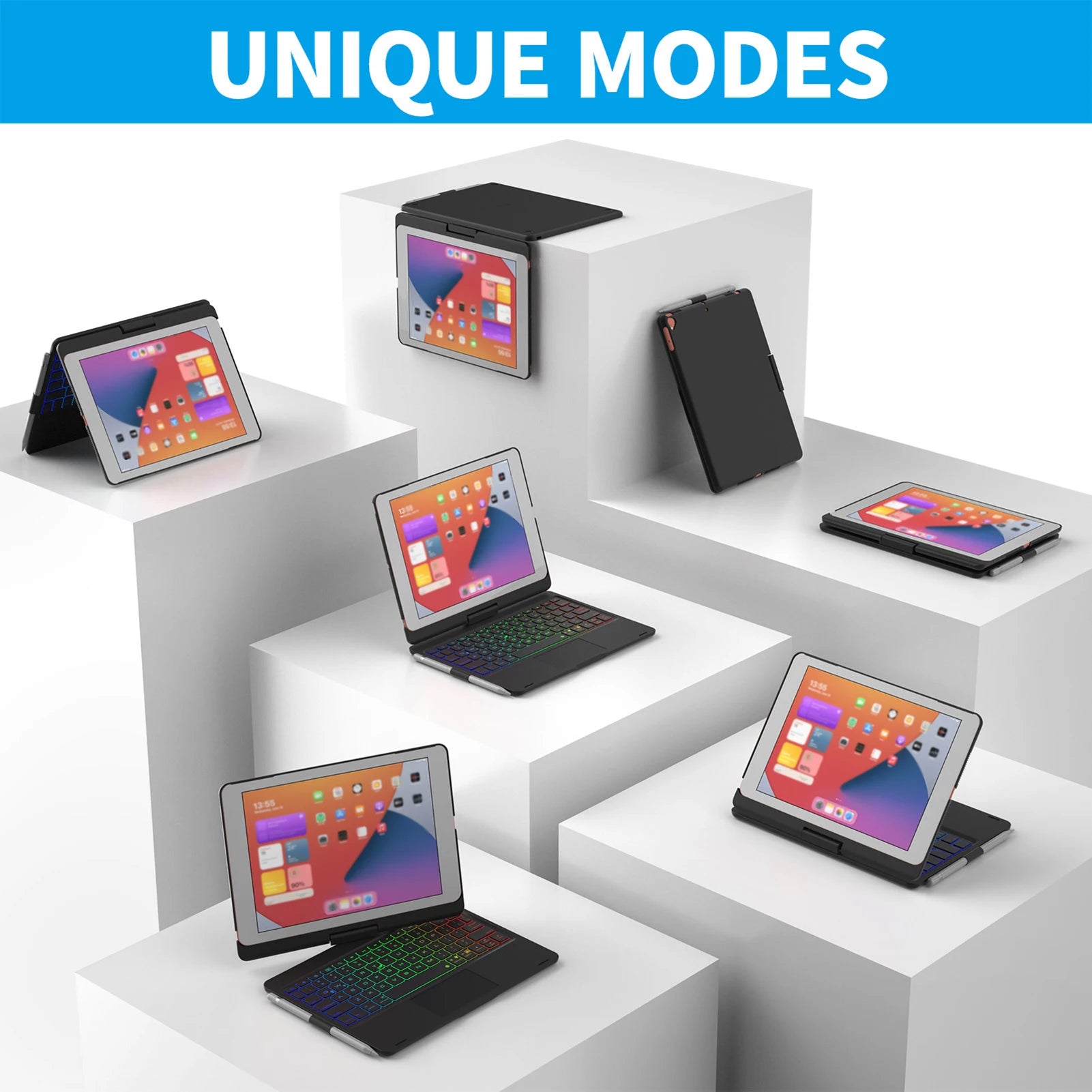 360 Grad drehbare BT-Tastatur für wiederaufladbare kabellose Tastatur und Maus mit 7-Farben-Hintergrundbeleuchtung für iPad 10,2/10,5 Zoll