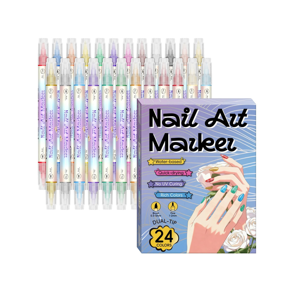 Nail-Art-Graffiti-Stift-Set Doppelkopf – Acryl, Schnelltrocknend, Metallic-Farben | 12 & 24 Farben | Pointillismus & Nageldesign