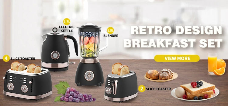 Retro-Frühstücksset, Geräte, 4-Scheiben-Toaster, elektrischer Wasserkocher und Toaster-Set, Saftmixer