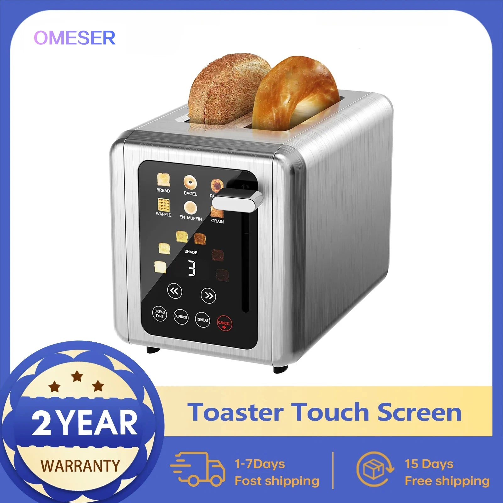 OMESER Küche Edelstahl Zwei Scheiben Toaster Touchscreen Hause Automatische Brot Toaster Frühstück Maschine 6 Bräunungsstufen
