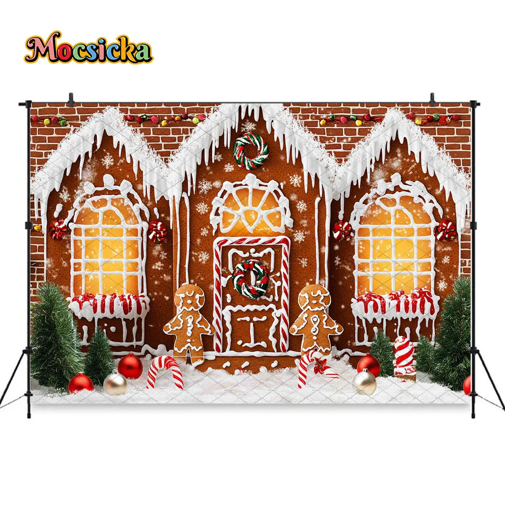 Mocsicka Weihnachten Lebkuchenhaus Fotografie Hintergrund verschneite Weihnachtsbaum Zuckerstangen Hintergrund Winter Urlaub Party Photozone