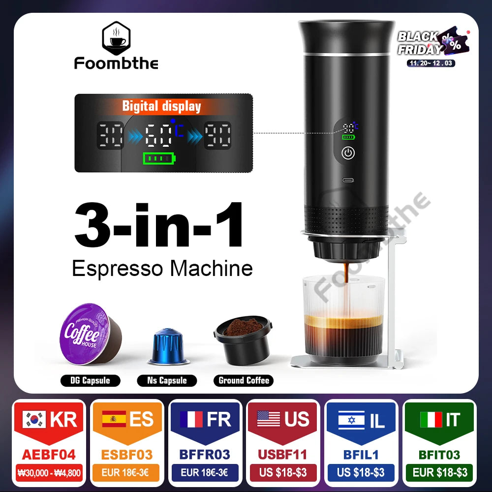 Foombthe Tragbare Espressomaschine mit Digitalanzeige, 3-in-1-Kapselkaffeemaschine für Auto und Zuhause, Camping-Kaffeemaschine
