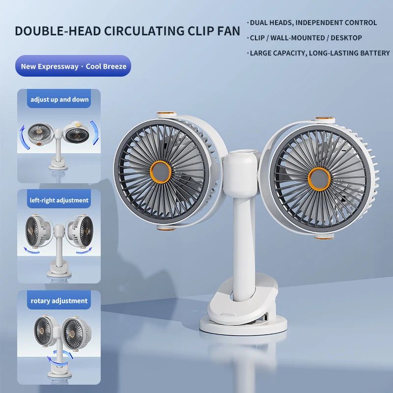 Doppelkopf-Tischventilator mit Clip, USB-Akku 1200 mAh – 5 Stufen, 360° verstellbar