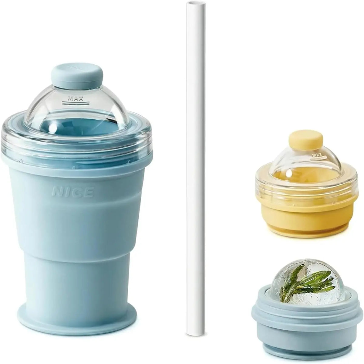 2-in-1 Faltbarer Silikon-Eiskugelbecher mit Strohhalm - Auslaufsicher, Lebensmittelecht, FCM | Kaffee, Saft & Smoothies | 1 & 5 Stueck