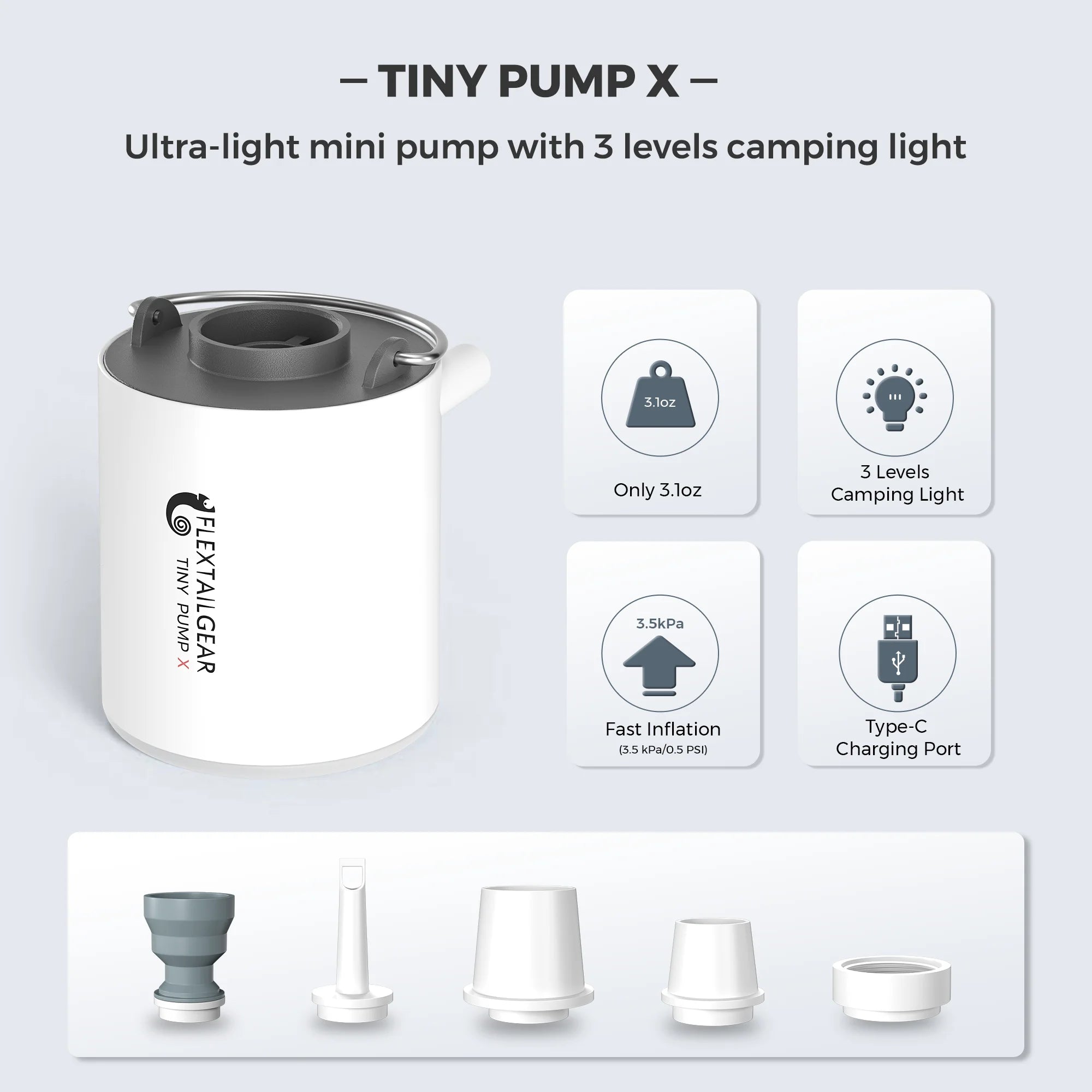 FLEXTAIL Tragbare Luftpumpe, Mini-Campingpumpe mit Licht, USB-C-Aufladung, ideal für Isomatten, Luftmatratzen, Vakuumbeutel