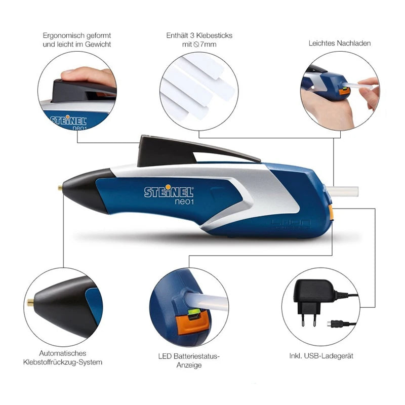 Deutsches STEINEL wiederaufladbares kabelloses Heißklebepistole mit 3 Klebestiften, tragbares Mini-Reparaturwerkzeug-Set, Klebegreifer, DIY NEO1