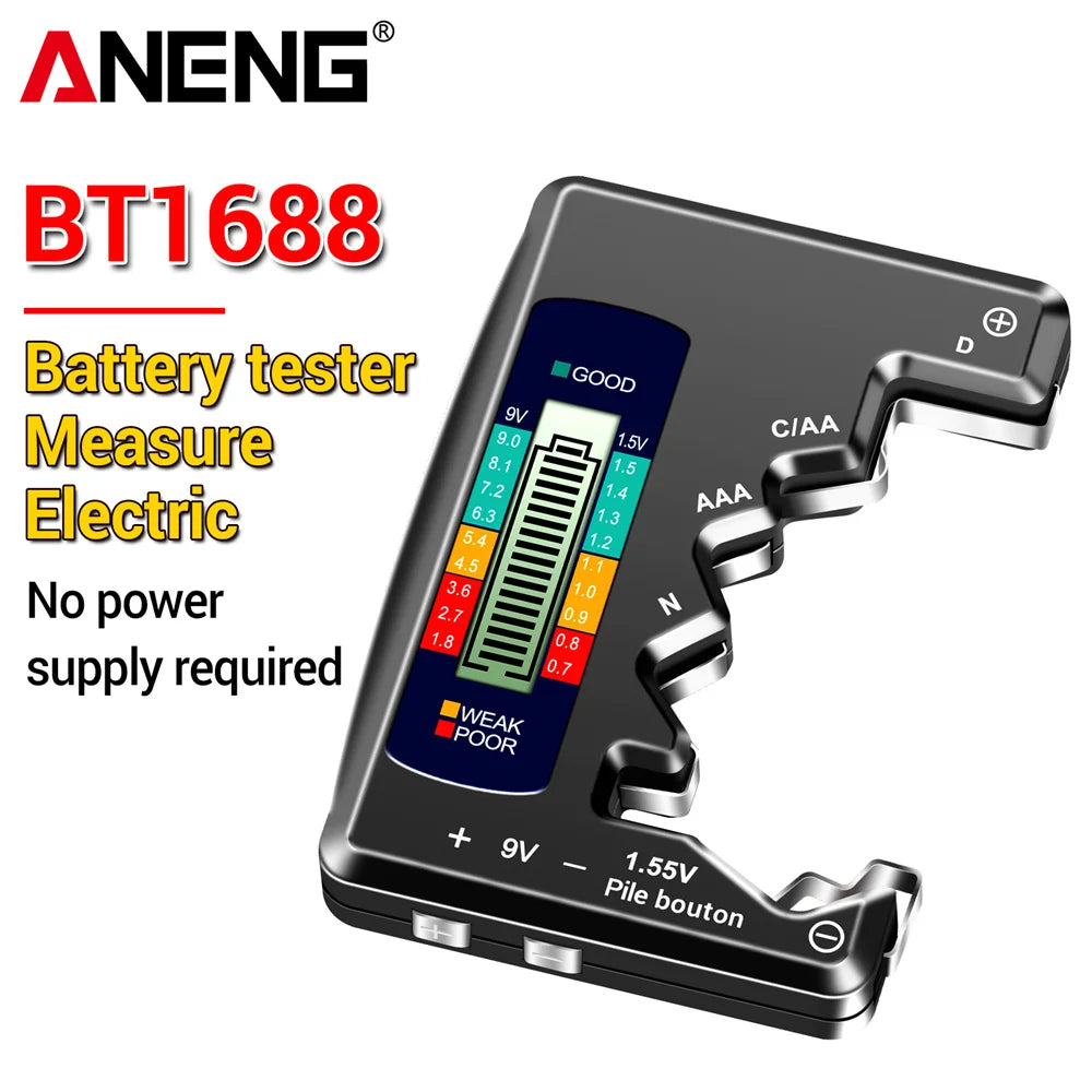 ANENG BT1688 Digitaler Batterietester – LCD, AA/AAA/C/D/9V/Knopfzelle, 3-Farben-Anzeige | CE | Schwarz, Silber & Grau