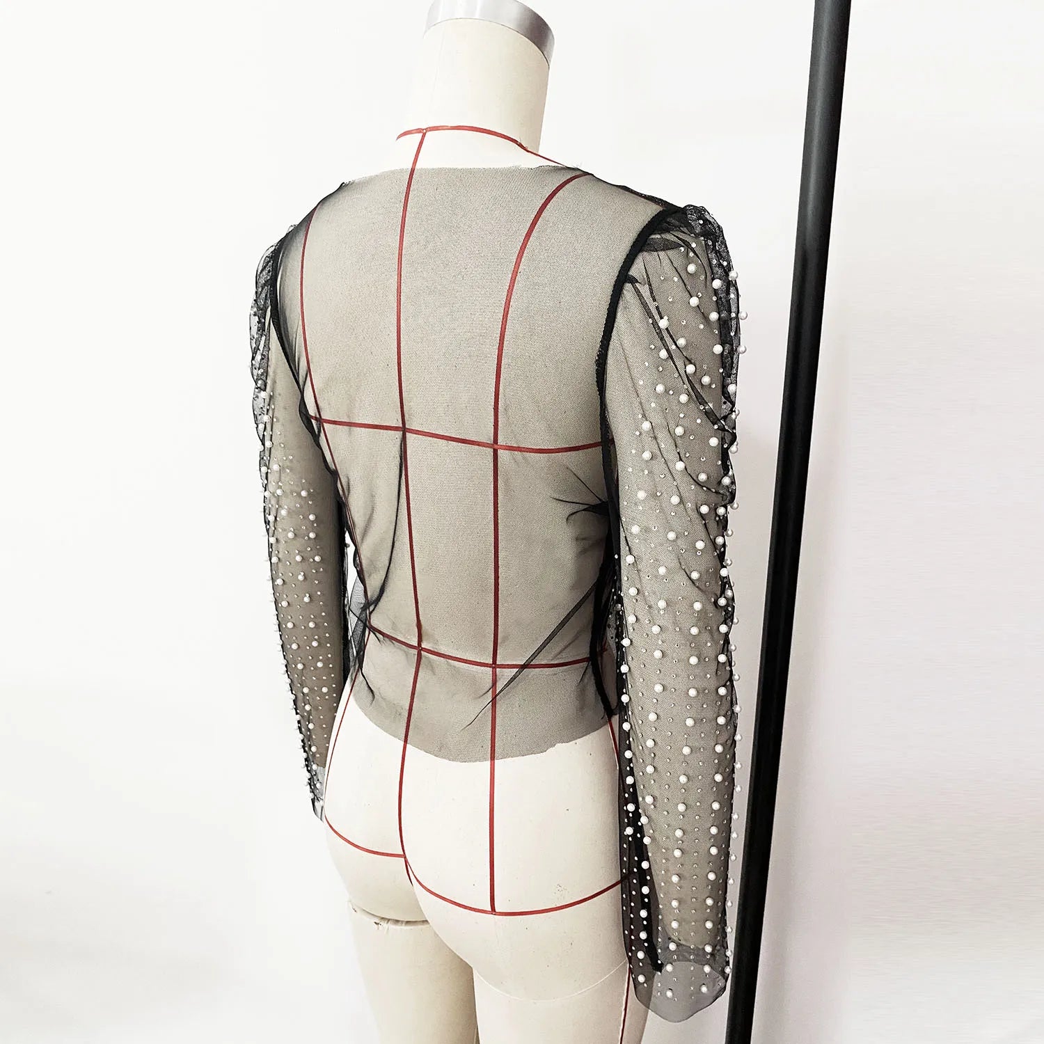 Frauen Sexy Mesh Perlen Tops Damen Mode Pailletten Blase Ärmeln Top T-Shirt Sommer Casual Pullover Tops für Weibliche 2025, Neue