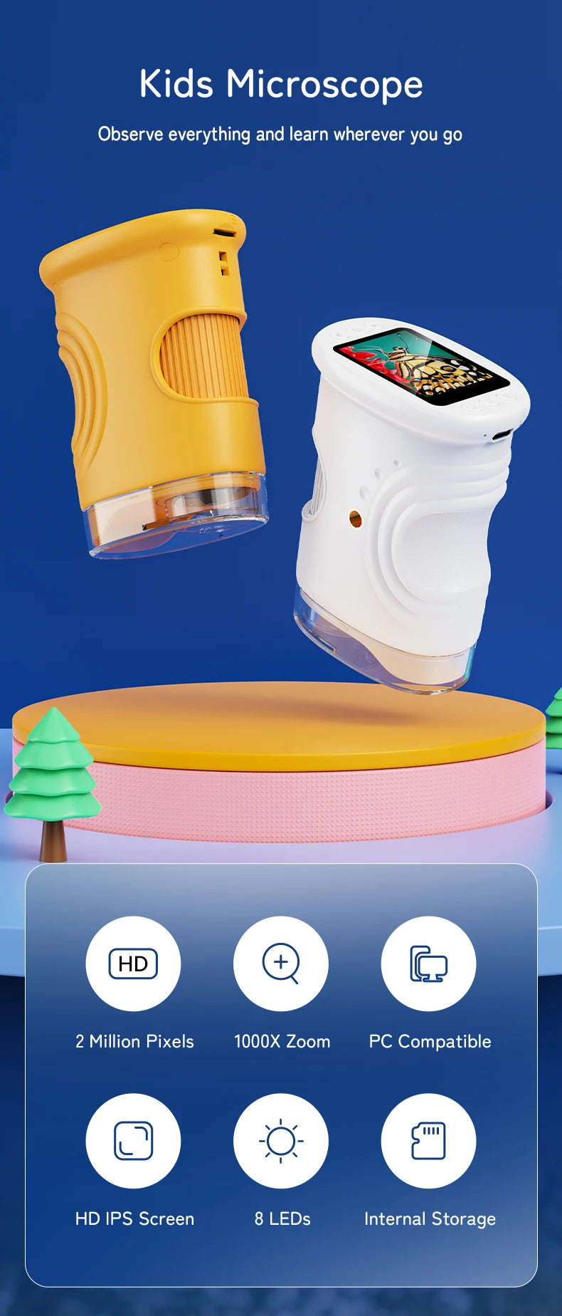 1000X Handmikroskop für Kinder, 2,0-Zoll-Bildschirm, wiederaufladbar, Mini-Taschen-Digitalmikroskope, tragbar, Edu-Geschenk, Kinder, Studenten