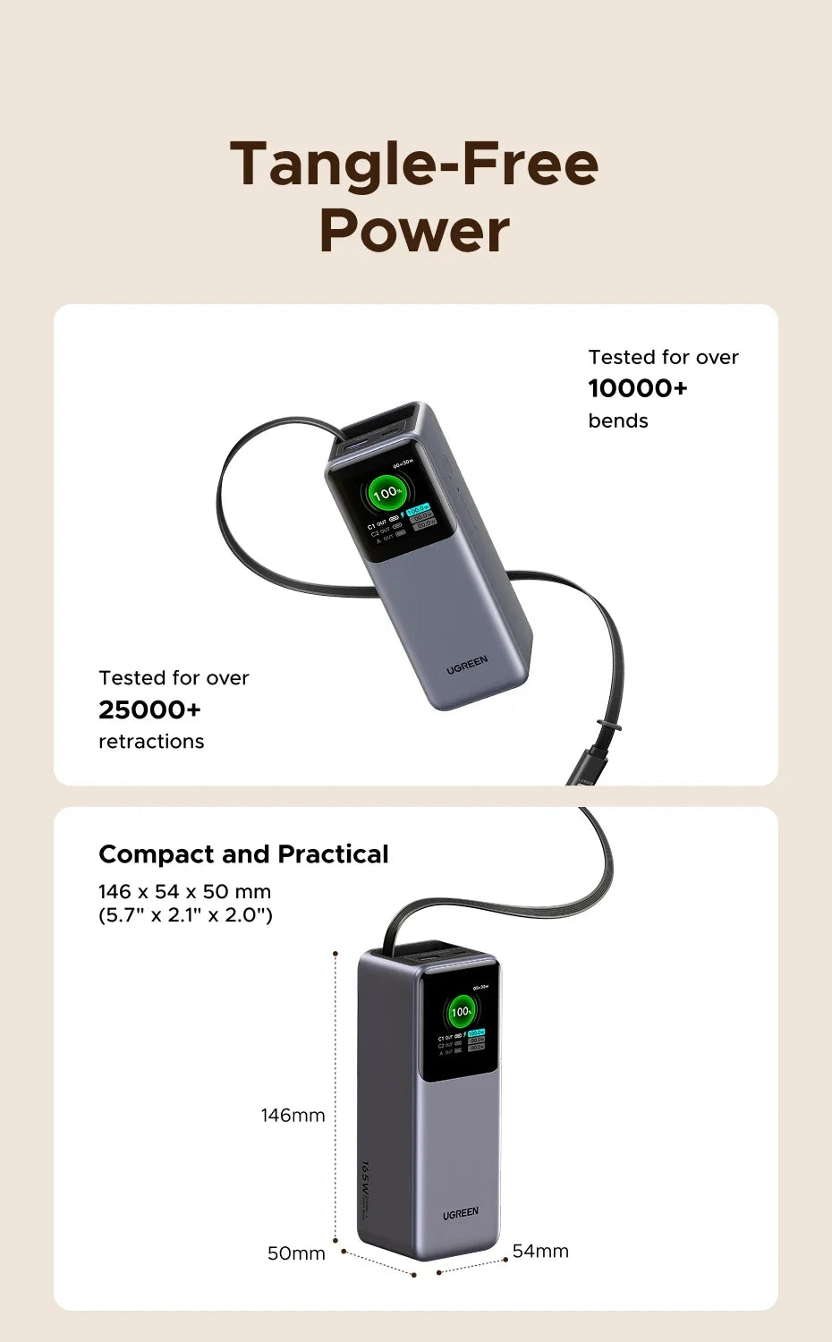 UGREEN Nexode 165W Power Bank 20000mAh Chargeur Portable 100W Max PD3.0 Batterie Externe Câble Intégré pour Ordinateur Portable Téléphone Portable