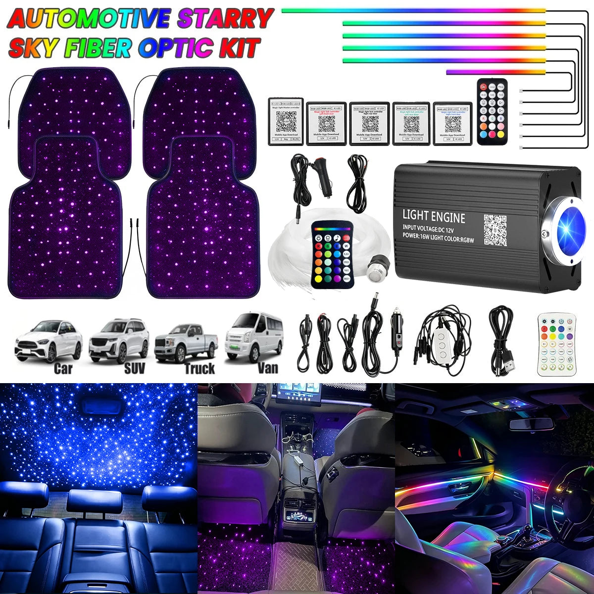 VASTFIRE Starlight Auto-Ambientebeleuchtung – Glasfaser-Fußmatten, RGB-Lichtleiste & Faserlampen | App & Fernbedienung | CE & RoHS