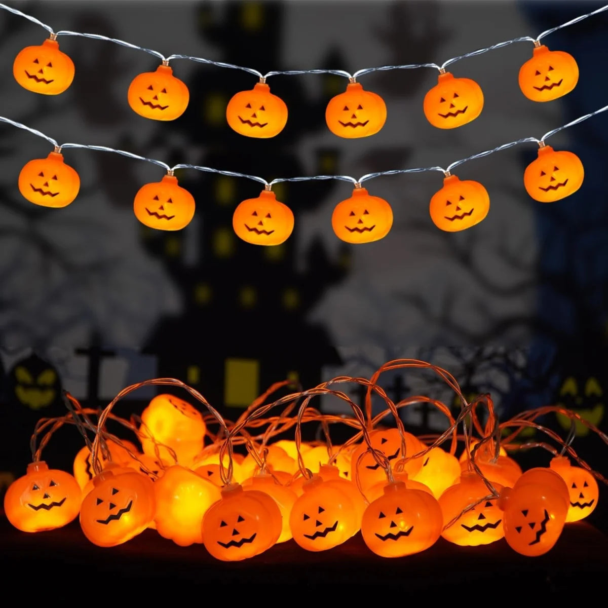 Halloween 3D-Kürbis-Lichterkette – Warmweiße LED-Deko | 1,5m / 3m