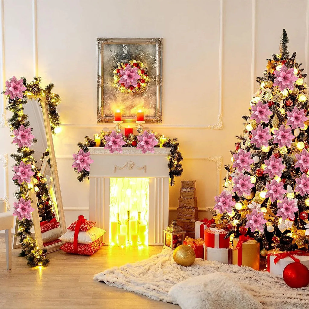 5/10 Stück rosa Weihnachtsglitter künstliche Blumen Weihnachtsbaumschmuck für Zuhause 2025, Weihnachtsschmuck, Neujahrsdekoration, Navidad
