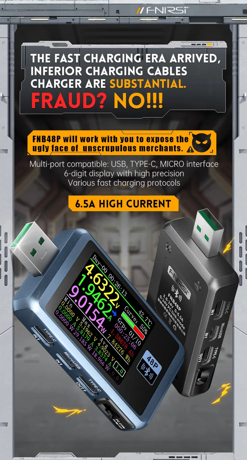 FNB58 USB-Tester, Voltmeter, Amperemeter, Typ C, Schnellladungserkennung, Auslöser, Kapazitätsmessung, Welligkeitsmessung