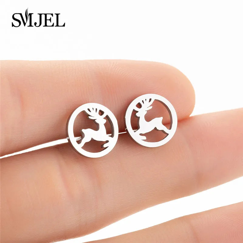 SMJEL Niedliche Tier-Hirsch-Ohrstecker, kleine Lebkuchenmann-Schneeflocken-Ohrringe für Mädchen, Edelstahl, Weihnachtsschmuck, Brincos