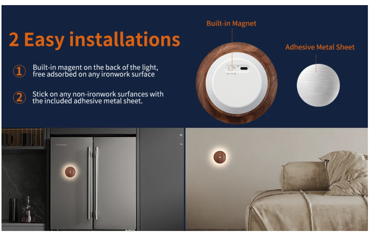 Bewegungssensor Nachtlicht aus Holz, USB wiederaufladbar, Stick-On-Stufen leuchten, magnetische Wandleuchten