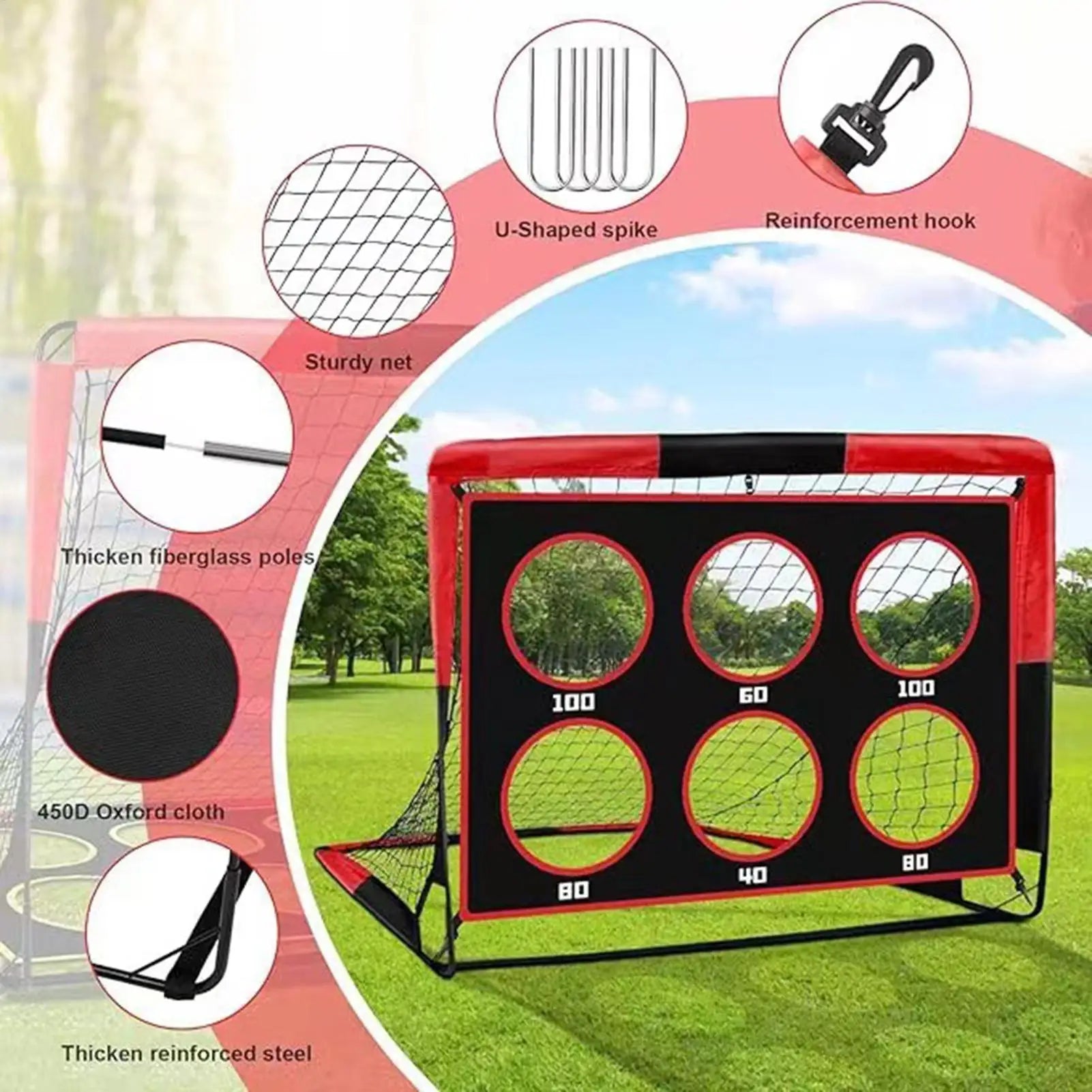 Pop-Up Fußballtor mit Zielscheibe – 122×91cm, faltbar, tragbar, Schwarz/Rot, für Kinder & Garten