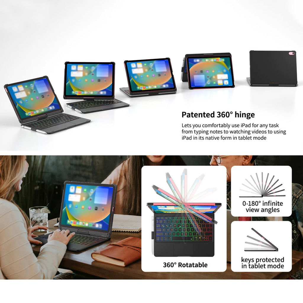 360 Grad drehbare BT-Tastatur für wiederaufladbare kabellose Tastatur und Maus mit 7-Farben-Hintergrundbeleuchtung für iPad 10,2/10,5 Zoll