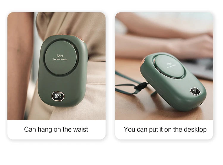 Mini ventilateur de cou portable à suspendre, sans pales, rechargeable par USB, idéal pour les sports de plein air et les voyages.