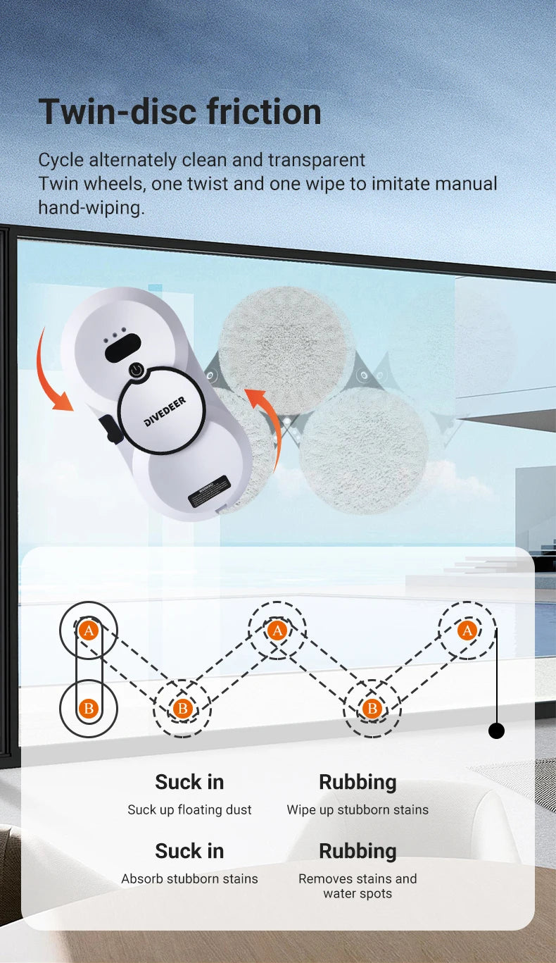 DIVEDEER Weißer/schwarzer Fensterputzroboter, elektrischer Fensterputz mit hoher Saugkraft, doppelseitiger Glasstaubsauger, Wasserspray