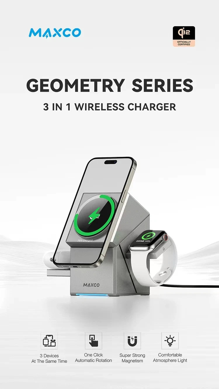 Qi2 3-in-1 Wireless Ladestation 15W – Magnetisch, für iPhone, Apple Watch & AirPods, CE