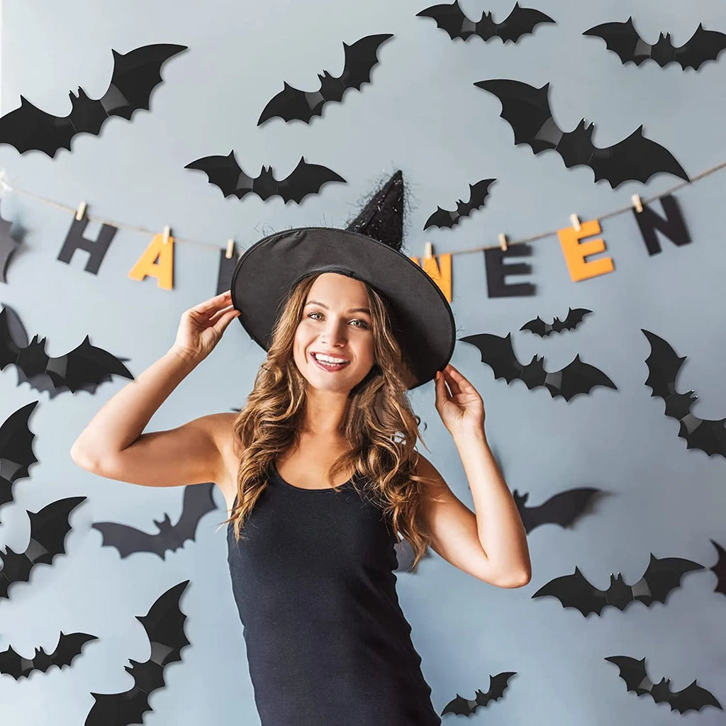12/24/36/48/60 Stück schwarze 3D-Fledermaus-Wandaufkleber-Set, Halloween-Party-Essentials für Zuhause, Zimmerdekor, Fenster-Wandaufkleber, Glasaufkleber