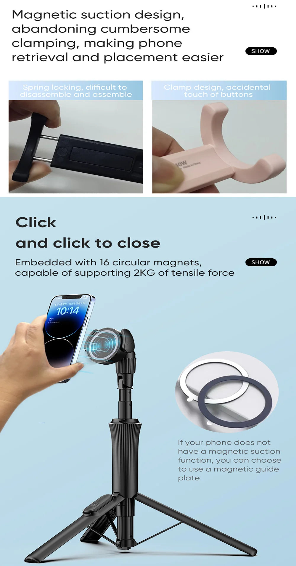 VRIG Magnetisches Selfie Stick Stativ – 1,5m, MagSafe, Bluetooth-Fernbedienung | iPhone & Android