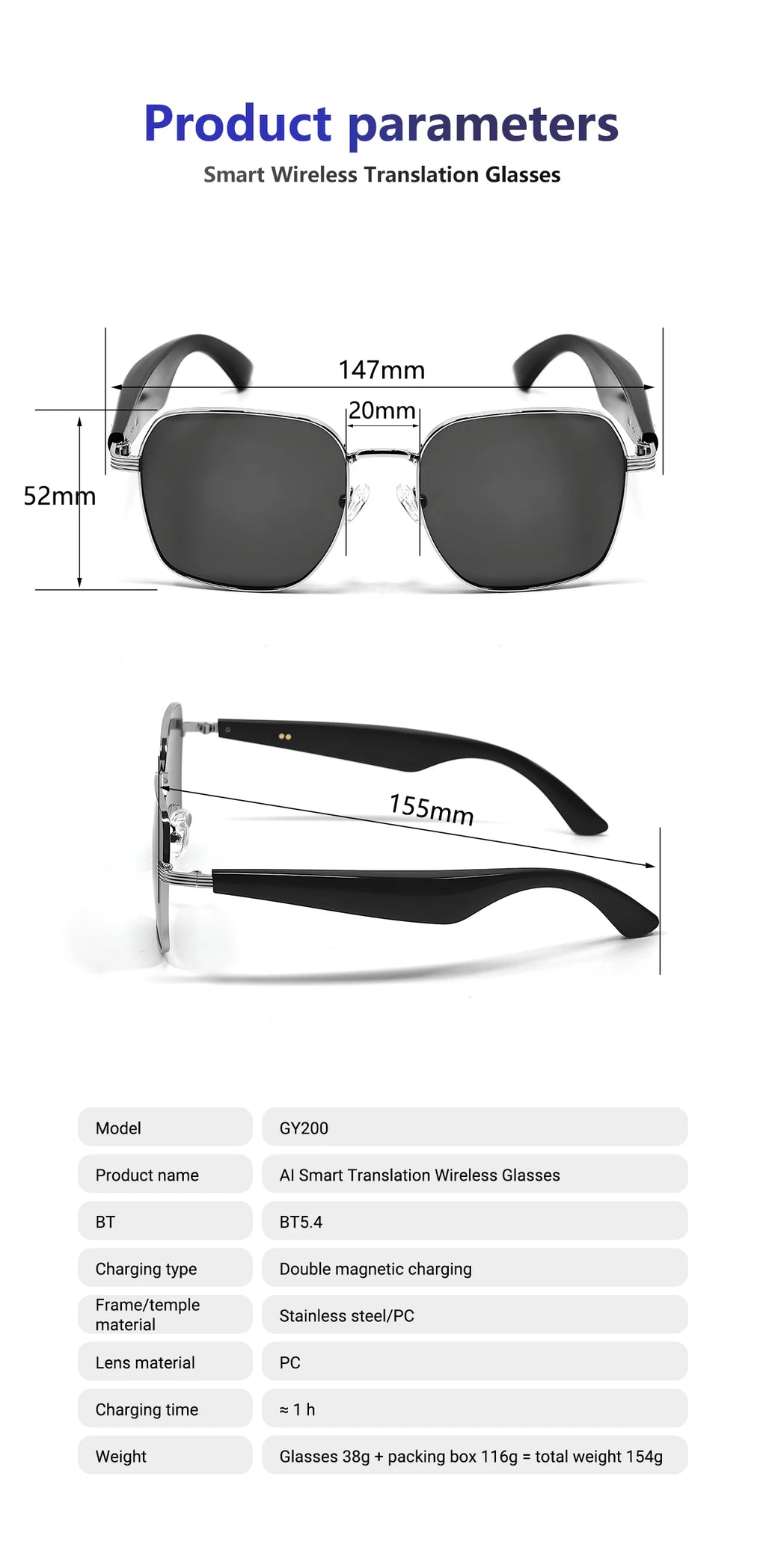 GY200 Smart Glasses 100+ Online-Sprache AI Automatische Dialogübersetzung Bluetooth-Brille mit Lautsprecher Sport UV-Schutz