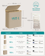 SONGMICS Wäschekorb mit Deckel,Wäschesammler mit 3 Fächern,150 L,herausnehmbarer Wäschesack,Griffe aus Bambus,zusammenklappbar