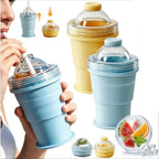Silikon-Eiskugelbecher 2-in-1 – Faltbar, wiederverwendbar, Strohhalm-Deckel, Gelb & Blau