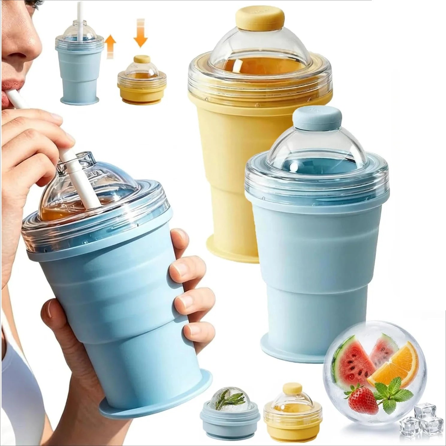 Silikon-Eiskugelbecher 2-in-1 – Faltbar, wiederverwendbar, Strohhalm-Deckel, Gelb & Blau