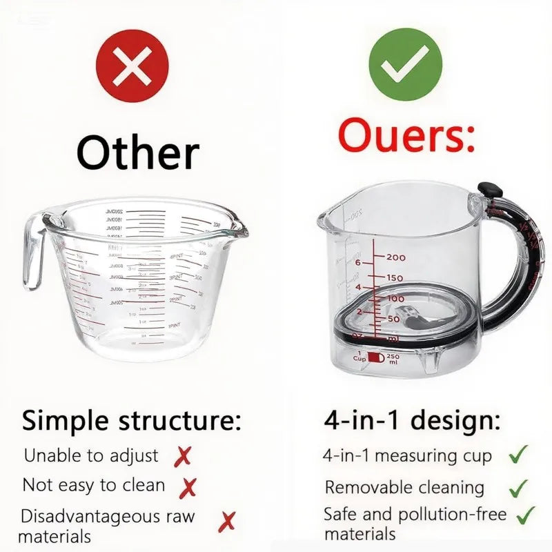 4-IN-1-Messbecher, verstellbarer multifunktionaler Messbecher mit Schaber-Stil, Dichtungsbasis, Küchenwürfelbecher, Werkzeuge zum Kochen