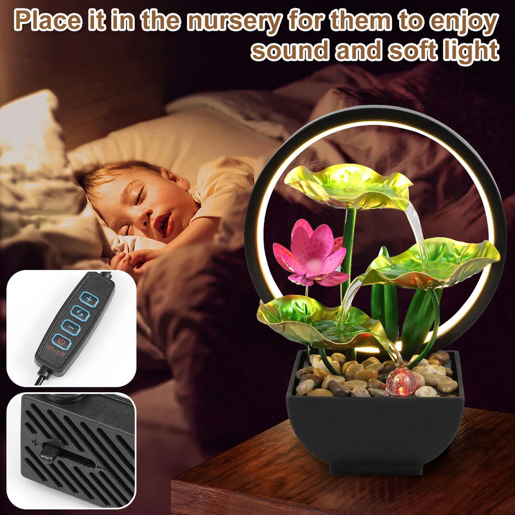 Tisch-Wasserbrunnen, USB-betriebener Entspannungs-Desktop-Wasserfallbrunnen mit natürlichen Felsen und LED-Ringlichtern für die Inneneinrichtung