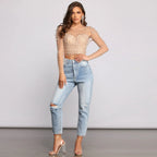 Frauen Sexy Mesh Perlen Tops Damen Mode Pailletten Blase Ärmeln Top T-Shirt Sommer Casual Pullover Tops für Weibliche 2025, Neue