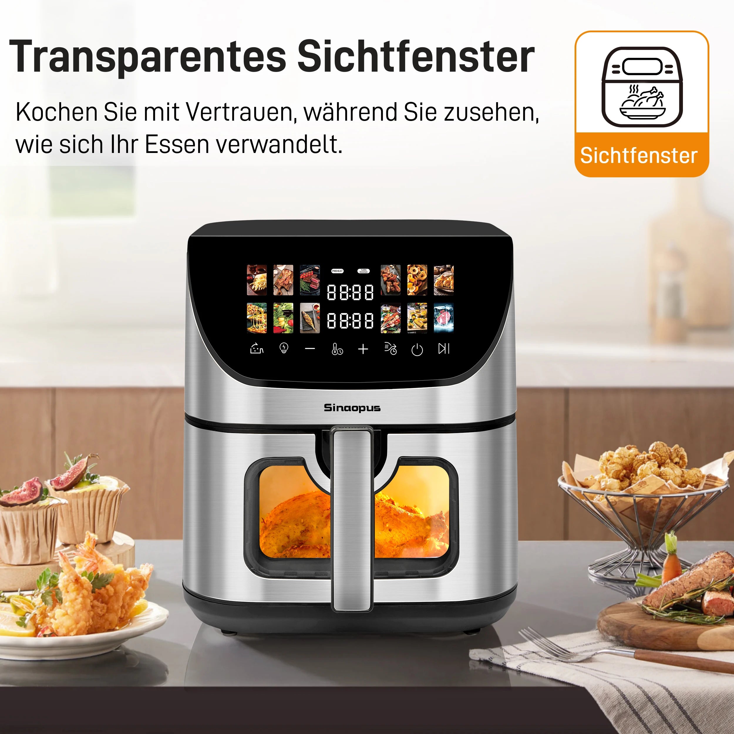 8-Liter-Heißluftfritteuse mit Sichtfenster und Backofen