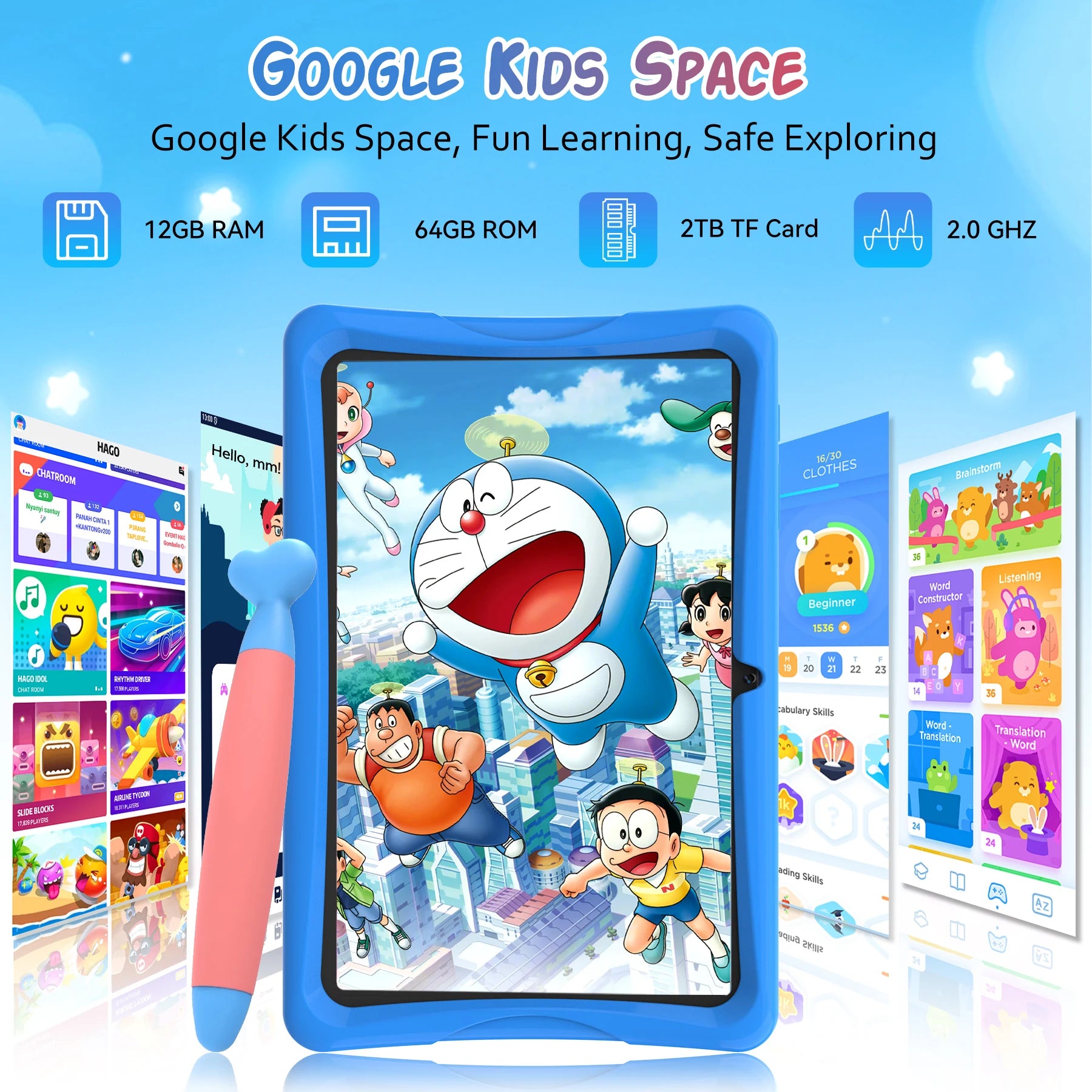 TABWEE K10 Kinder-Tablet 10'' Android 15, 4 GB RAM + 8 GB erweiterbar, 64 GB ROM, 5G WiFi, Widevine L1, 5000 mAh Kinder-Tablet-PC