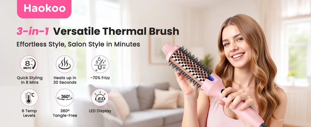 Thermobürste Blowout Boost, 1,5 Zoll beheizte Rundbürste für Blowout-Look, Dual-Voltage-Negativ-Ionen-Technologie 6-Temperaturmodus