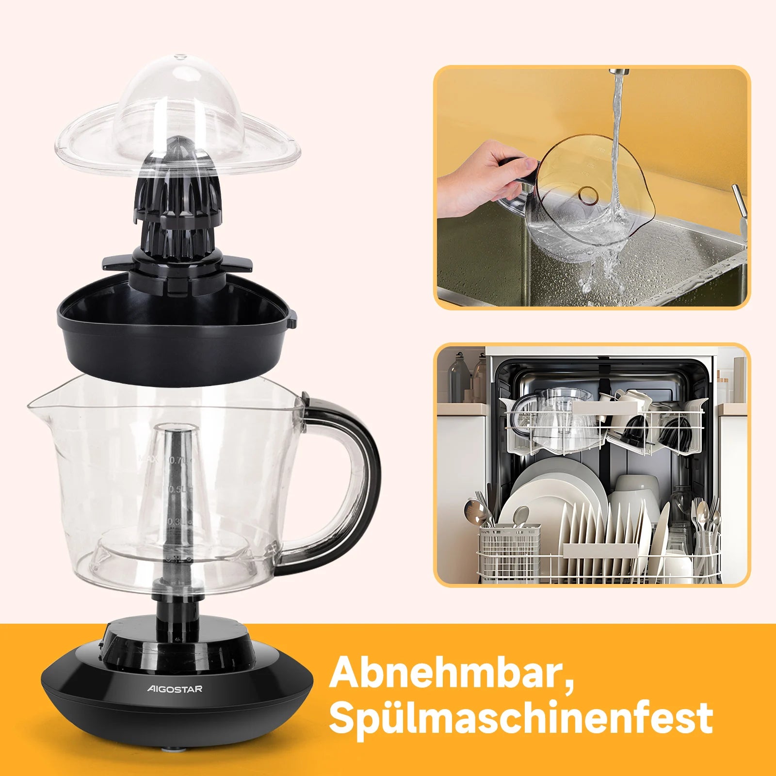 Aigostar elektrische Zitrus presse 40 Watt 700 ml, Zitrus presse mit Tropf auslauf, 2 austauschbare Zapfen. Bpa frei