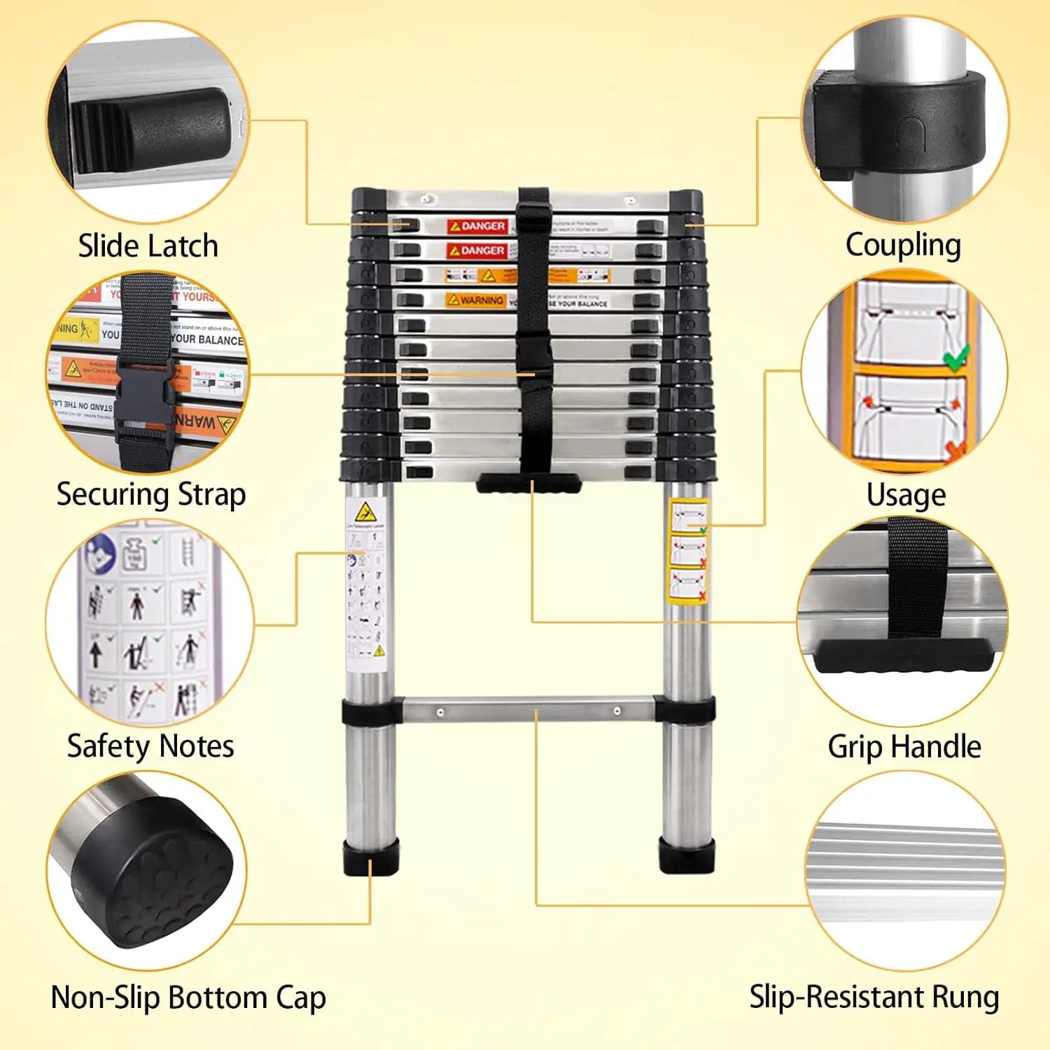 DayPlus Teleskopleiter, Klappleiter aus Edelstahl, tragbar, ausziehbar, Kapazität der Loft-Leiter, maximale Belastung 150 kg/330 lb, EN131