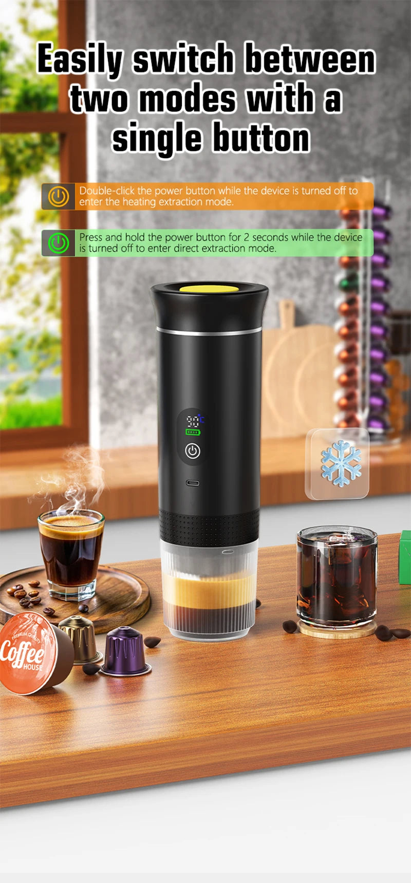 Foombthe Tragbare Espressomaschine mit Digitalanzeige, 3-in-1-Kapselkaffeemaschine für Auto und Zuhause, Camping-Kaffeemaschine