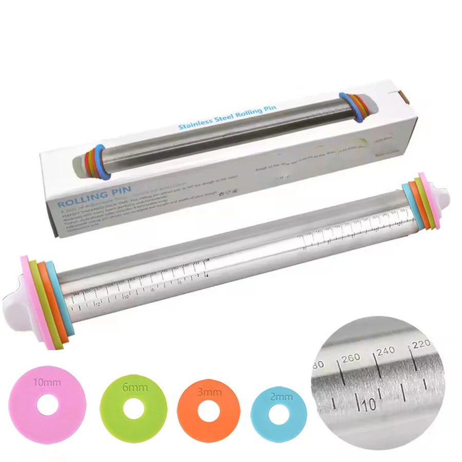 Verstellbarer Nudelholz aus Edelstahl mit 4 dicken abnehmbaren Ringen. Vielseitige Teigroller zum Backen von Pizza-Backgeschirr-Werkzeugen