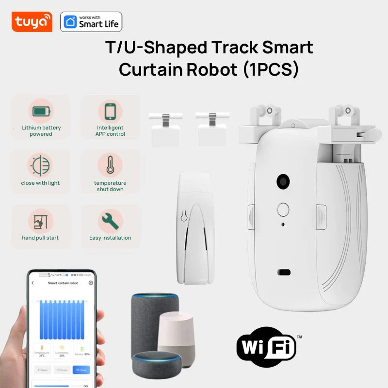 Tuya Smart WiFi Vorhangroboter (mit Gateway), APP-Fernbedienung, Sprachsteuerung, inklusive Zubehör für T/U-Vorhangschienen