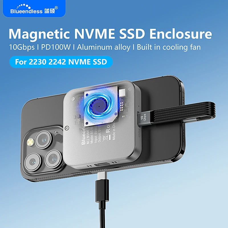 Blueendless Magnetisches M2 2230 2242 NVMe SSD-Gehäuse mit Lüfter 100 W PD-Aufladung Typ C NVMe PCIE SSD-Gehäuse für iPhone Mac