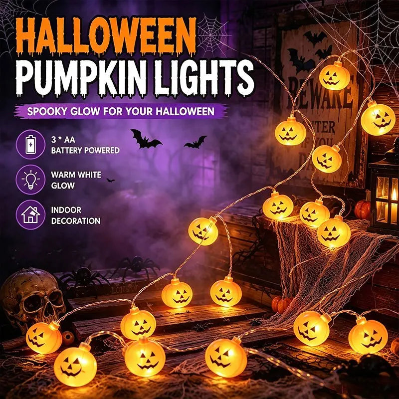 Halloween Kürbis-LED-Lichterkette – Batteriebetrieben, 3D-Design | 1,5m, 3m oder 6m