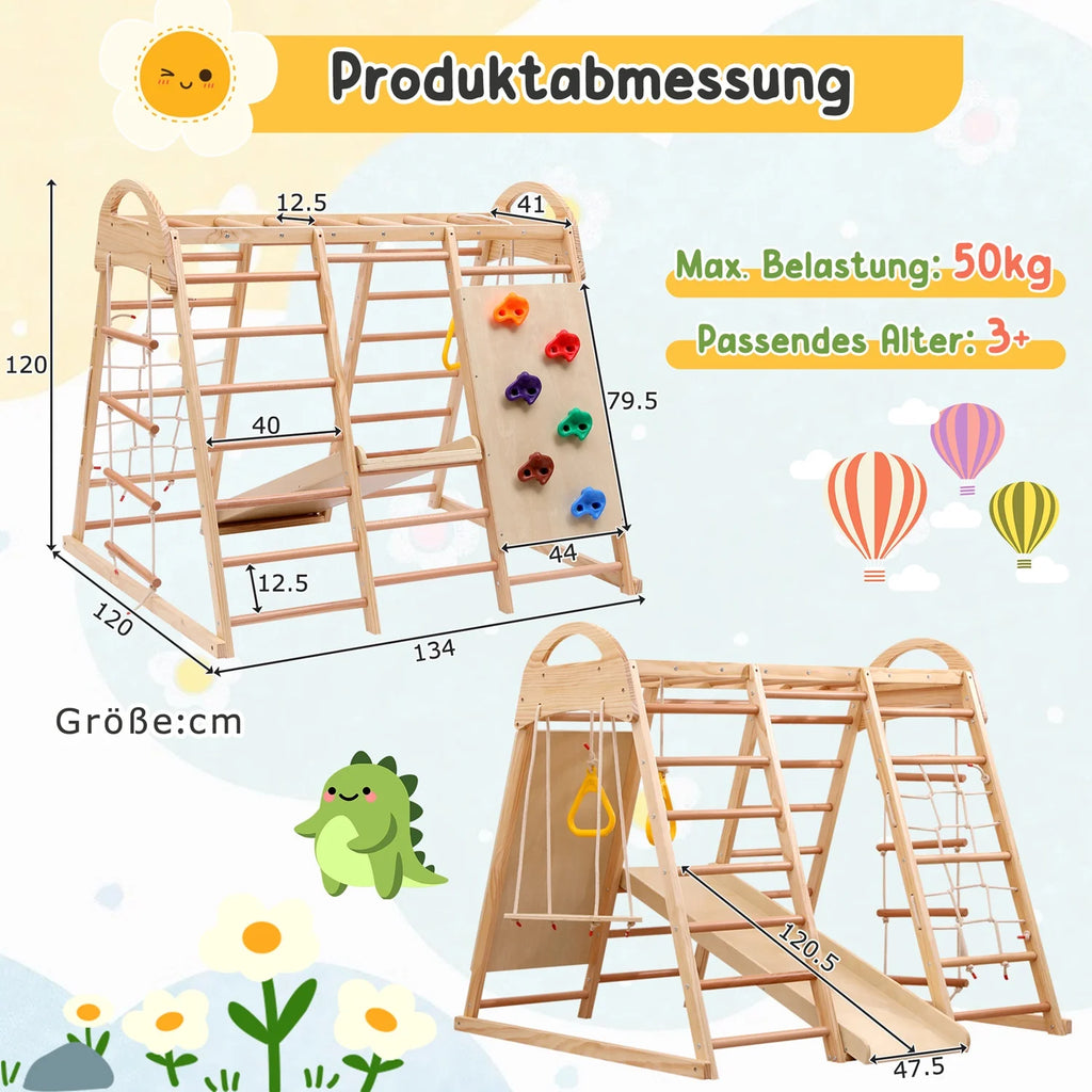 7-in-1 Multifunktionales Klettergerüst aus Holz mit Rutsche und Schaukel, Kletterleiter/Netz/Steinen, Indoor-Spielplatzspielzeug für Kinder ab 3 Jahren