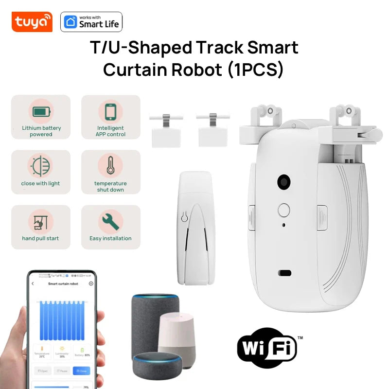 Tuya Smart WiFi Vorhangroboter (mit Gateway), APP-Fernbedienung, Sprachsteuerung, inklusive Zubehör für T/U-Vorhangschienen
