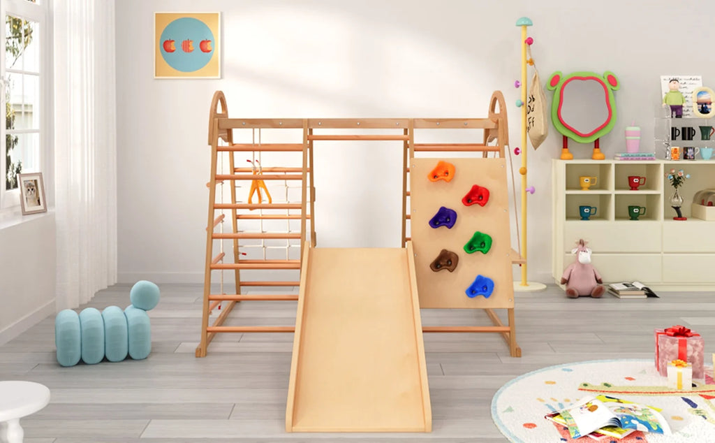 7-in-1 Multifunktionales Klettergerüst aus Holz mit Rutsche und Schaukel, Kletterleiter/Netz/Steinen, Indoor-Spielplatzspielzeug für Kinder ab 3 Jahren