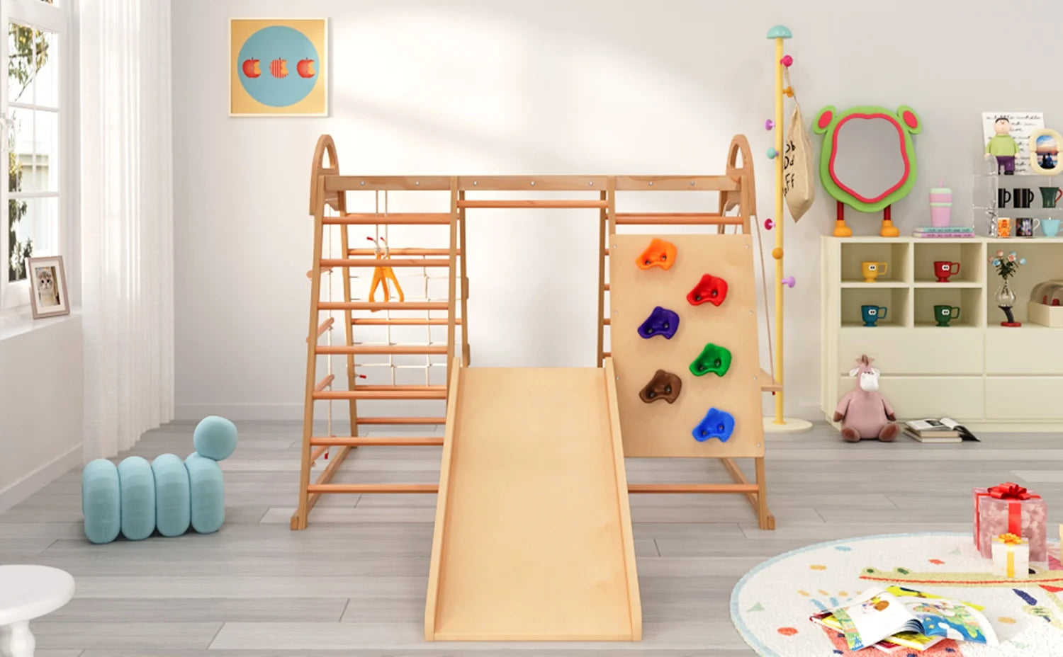 7-in-1 Multifunktionales Klettergerüst aus Holz mit Rutsche und Schaukel, Kletterleiter/Netz/Steinen, Indoor-Spielplatzspielzeug für Kinder ab 3 Jahren